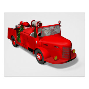 Pôster Papai Noel que conduz um carro de bombeiros