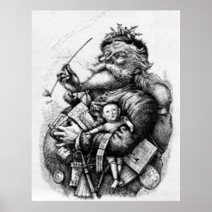 Pôster Papai noel que mantem brinquedos preto e branco