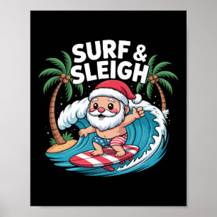 Poster Papai Noel relaxando surfando na praia tropical