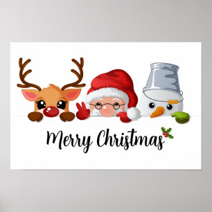 Poster Papai Noel, Rena e Boneco de Neve Fofo de Natal es