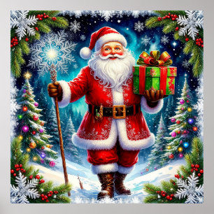 Poster Papai Noel segurando um presente em meio a um inve