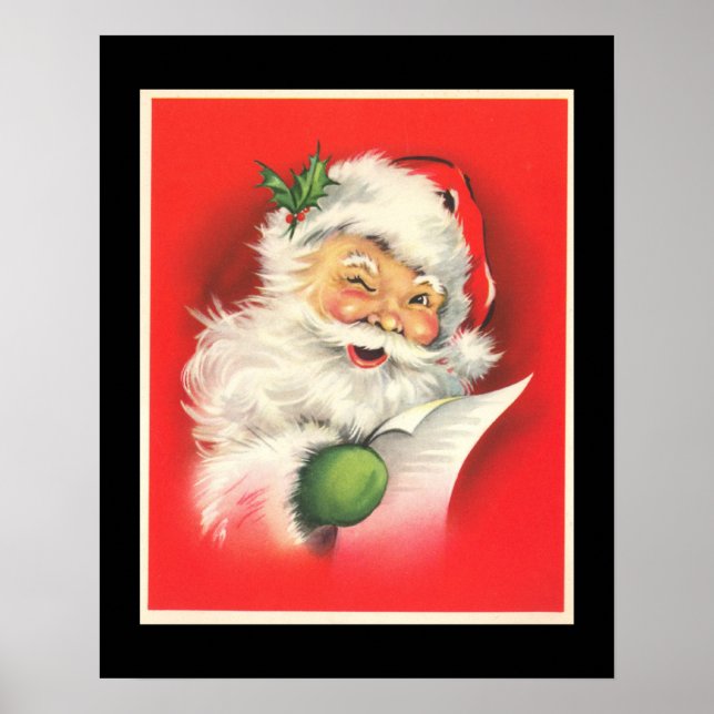 Poster Papai Noel Sorridente Piscando Olho - Cartaz Vinta (Frente)