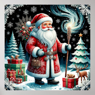 Poster Papai Noel tradicional em cena de inverno festiva