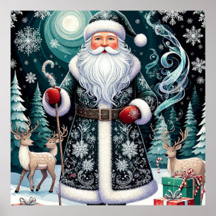 Poster Papai Noel tradicional em cena de inverno festivo