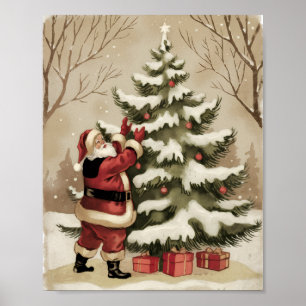 Poster Papai Noel Vintage decorando a árvore de Natal