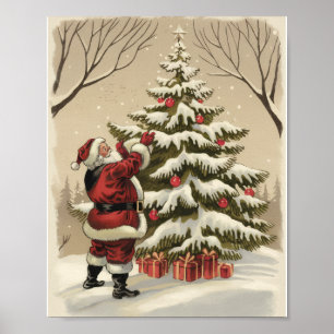 Poster Papai Noel Vintage decorando a árvore de Natal