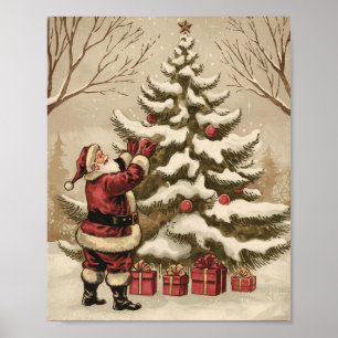 Poster Papai Noel Vintage Decorando a Árvore de Natal