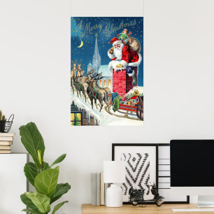 Poster Papai Noel Vitoriano de Natal Antigo no Chaminé