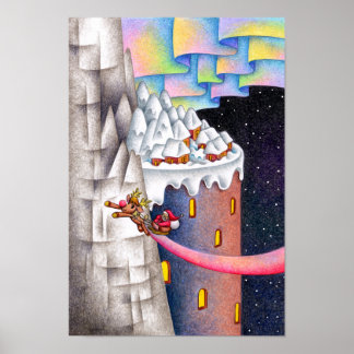 Poster Papai Noel Voador e um país coberto de neve.
