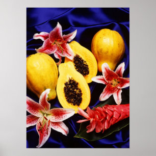 Poster Papaia havaianas com lírios & flores do gengibre