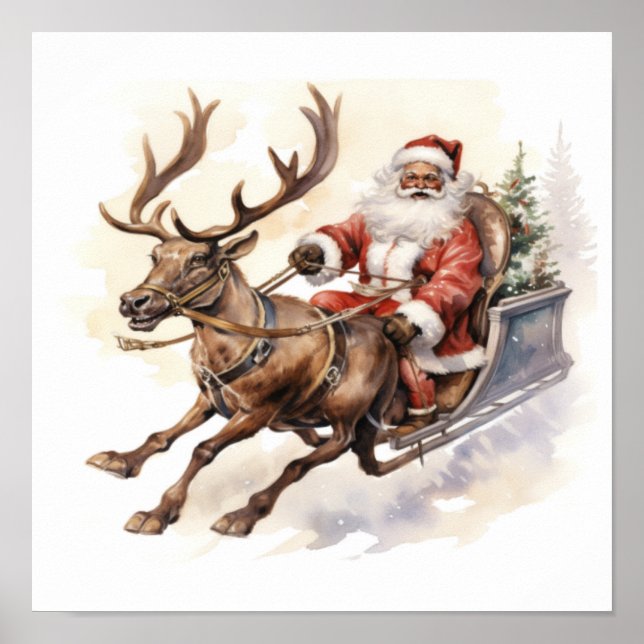 Poster Papais noeis afro-americanos Reindeer Sleigh com T (Frente)