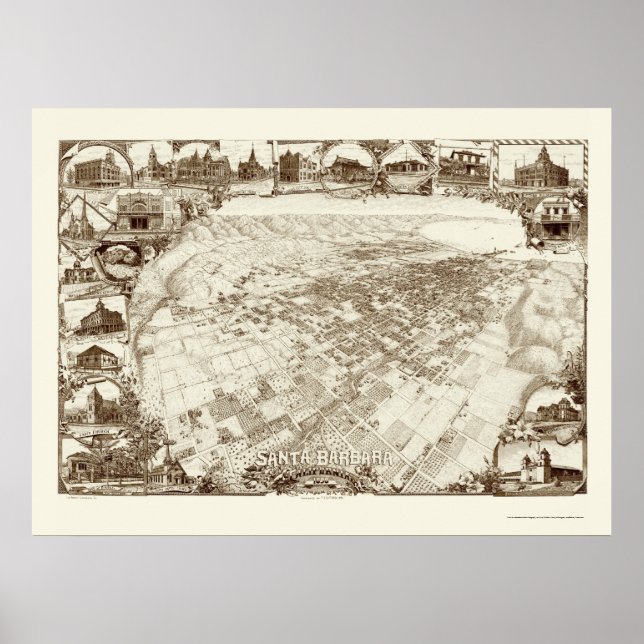 Pôster Papais noeis Barbara, CA Panorâmica Map - 1898 (Frente)