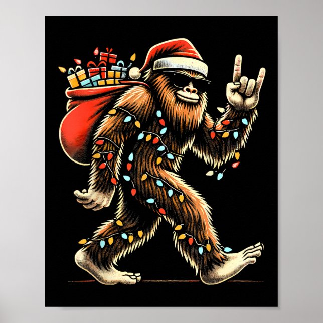 Poster Papais noeis Bigfoot Luzes de Natal Rock Sasquatch (Frente)