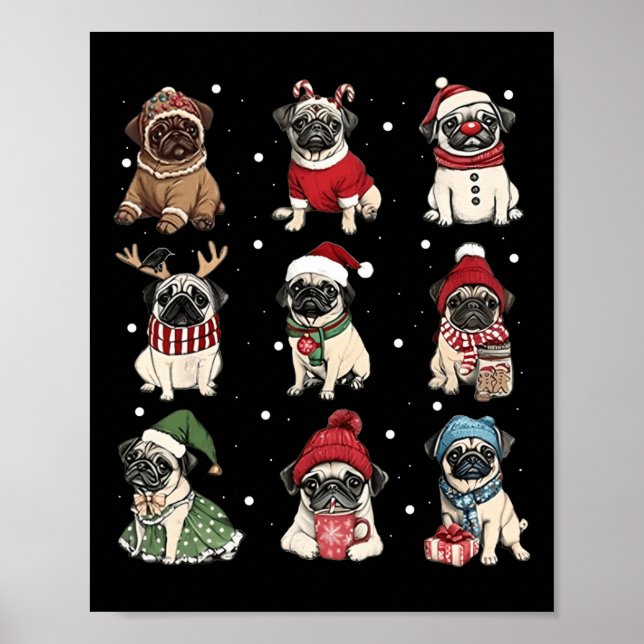 Poster Papais noeis Bonitos Pug Engraçados Xmas Luzes Cac (Frente)
