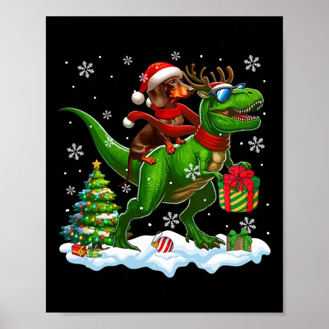 Poster Papais noeis Dachshund Riding Reindeer T-rex Chris (Frente)