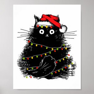 Poster papais noeis de gato preto enredado na luz da árvo