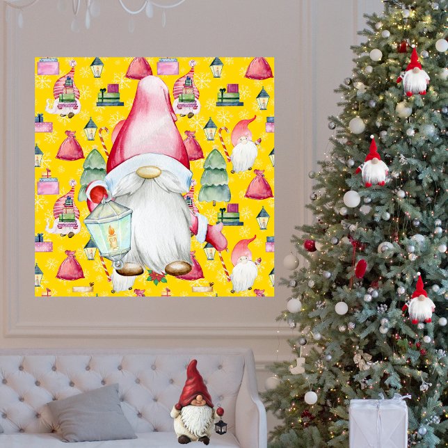 Poster Papais noeis de Natal Gnome e padrão amarelo (Christmas Santa Gnome & Yellow Pattern Background Poster)