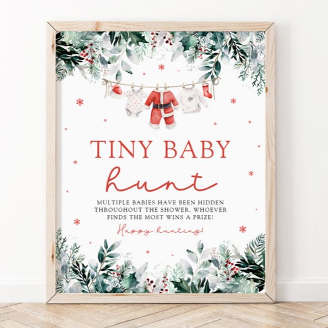 Poster Papais noeis de Natal Roupas Chá de fraldas Pequen (Watercolor Red Christmas Santa Clothes Baby Shower Tiny Baby Hunt Sign)