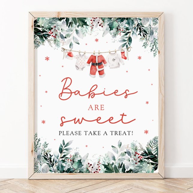 Poster Papais noeis de Natal Vermelhos Bebês São Doentes  (Watercolor Red Christmas Santa Babies Are Sweet Take a Treat Sign)