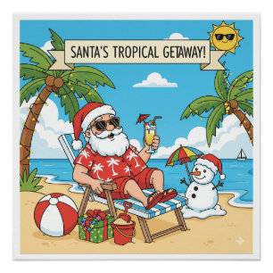 Pôster Papais noeis e boneco de neve na praia