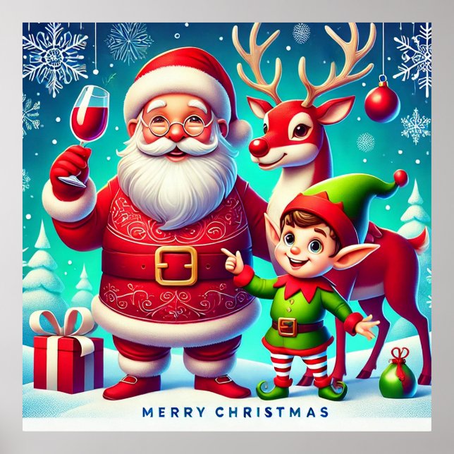 Poster Papais noeis, Elf e Reindeer num Natal Festivo (Frente)