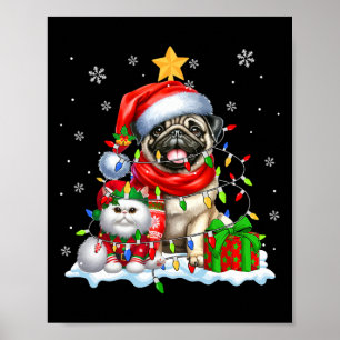 Poster Papais noeis Pug Com Elf Cat Luzes De Natal Crianç