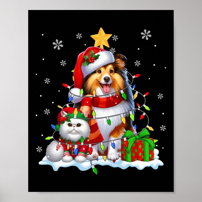 Poster Papais noeis Sheltie com Elf Cat Luzes de Natal Pr (Frente)