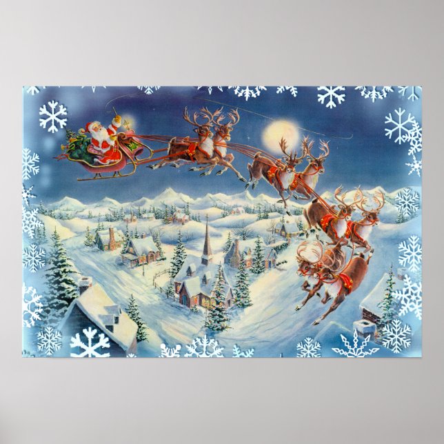 Pôster PAPAIS NOEIS SNOWFLAKS & SLEIGH por SHARON SHARPE (Frente)