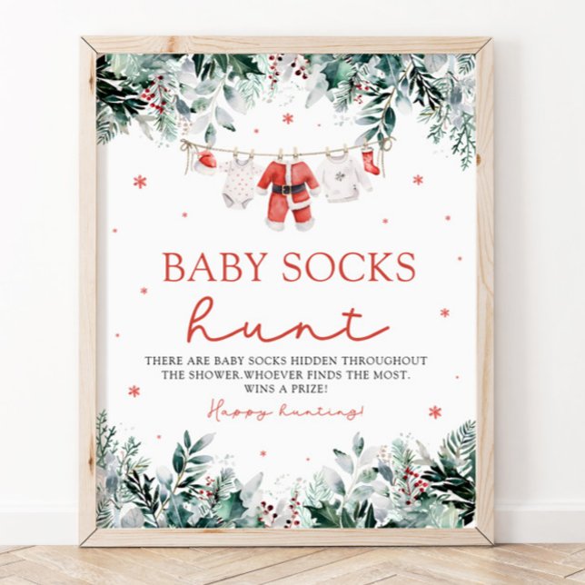 Poster Papais noeis Vermelhos Sexo Chá de fraldas Neutro  (Watercolor Red Santa Gender Neutral Baby Socks Baby Shower Sign)