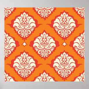 Poster Papel de parede de damasco laranja: uniforme flora