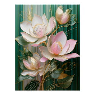 Pôster Papel de Parede Florido Arte de Magnólia Japonesa