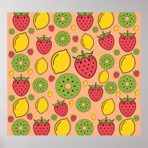 Poster Papel de parede frutado: morangos, limões, kiwis.
