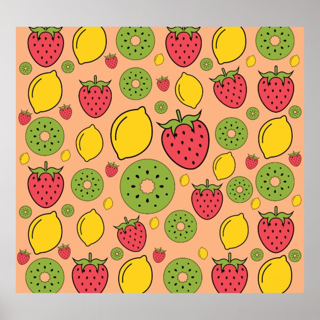 Poster Papel de parede frutado: morangos, limões, kiwis. (Frente)