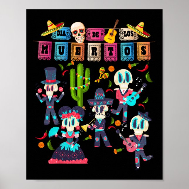Poster Papel Picado Mexicano Nner - Dia dos Mortos fofo (Frente)