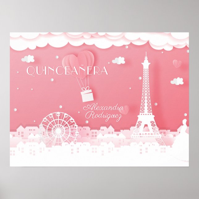 Poster Papel Rosa Paris Quinceañera (Frente)
