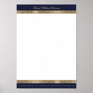 Poster Papel Timbrado A4 Azul Marinho e Dourado Elegante 