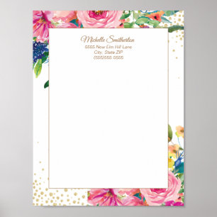 Poster Papel Timbrado Floral em Aquarela Rosa Elegante co