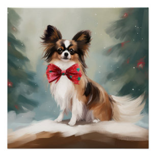 Pôster Papillon Dog no Natal da Neve