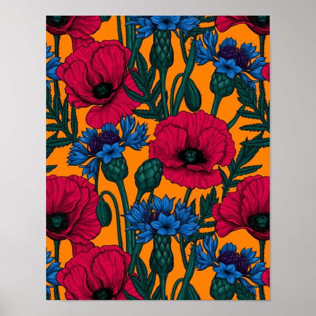 Poster Papoilas vermelhas e flores azuis em laranja (Frente)