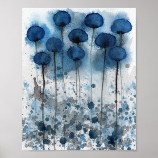Poster Papoulas Azuis Marinho, Flores em Aquarela na Pare