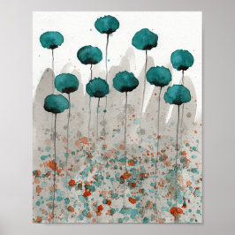 Poster Papoulas em Azul e Cinza, Parede de Flores em Aqua
