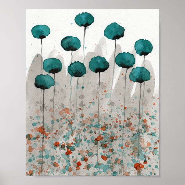 Poster Papoulas em Azul e Cinza, Parede de Flores em Aqua (Frente)