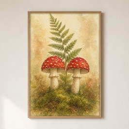 Poster Par de Cogumelos em Musgo Cartaz Aquarela