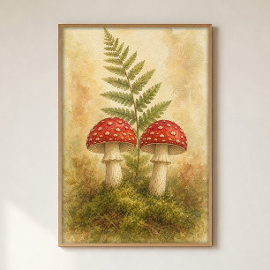 Poster Par de Cogumelos em Musgo Cartaz Aquarela