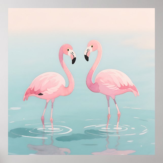 Poster Par de Flamingos Rosa Aquarela Serenidade (Frente)
