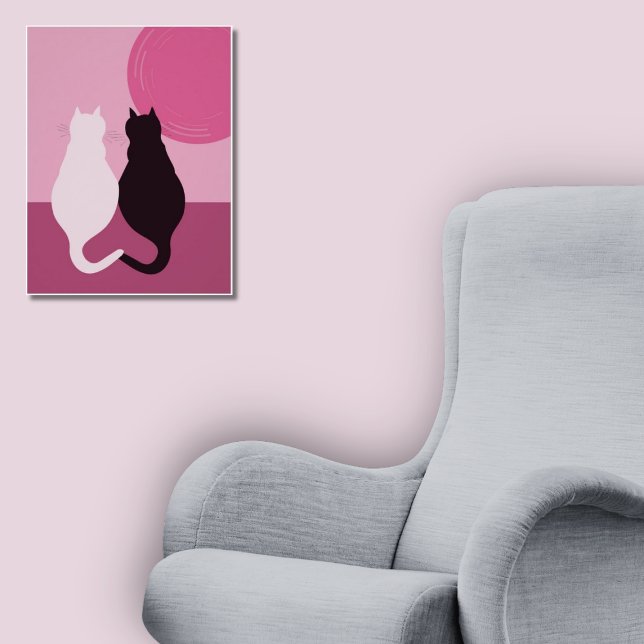 Poster Par De Gato Branco E Preto, Cor-De-Rosa (Cute Black & White Cat Pair At Pink Sunset Poster, Reading Corner)