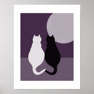 Poster Par de Gato Preto e Branco Par Púrpura Azul Noite
