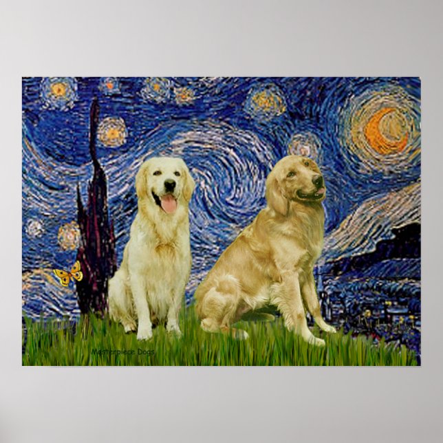 Pôster Par de Golden Retriever 3 - Noite Estrelada (Frente)