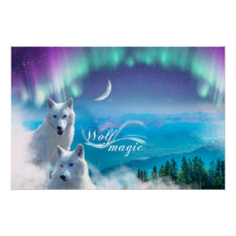 Pôster Par de lobos brancos com luzes nortes