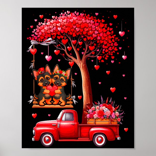 Poster Par de Pastores Alemães Corações de Valentino Árvo (Frente)
